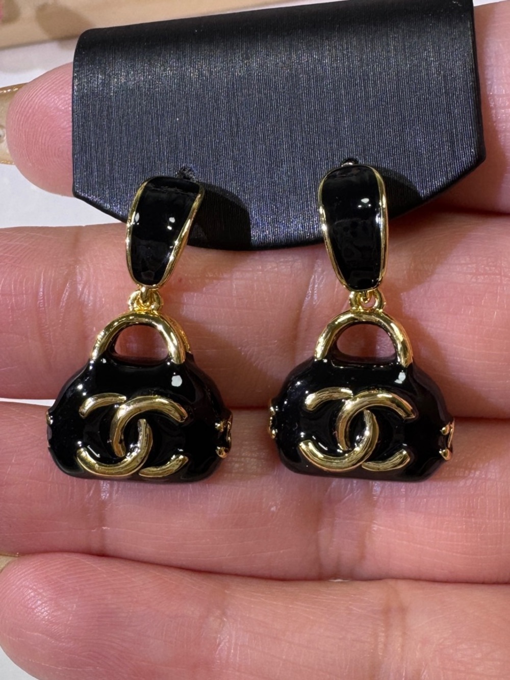S925 Needle- Black Gold Mini Bag Drop Earrings Designer Style Statement Earrings